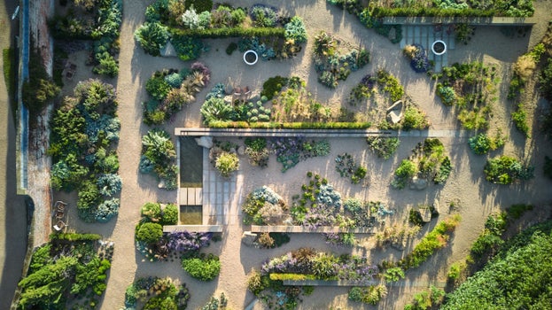 Drone shot from directly above looking down on a garden with meandering paths, walls, water features and lots of shrubs, grasses and plants.